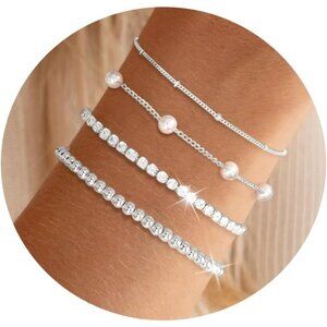 Pearl Silver Gold 4 Pcs Bracelets Stack Dainty Jewelry Set for Women